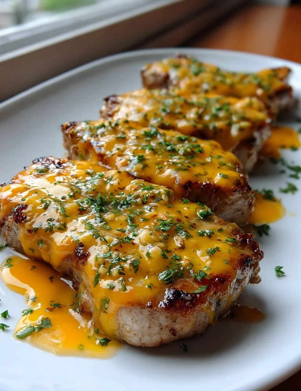 Delicious Cheddar Ranch Beef Chops garnished with herbs