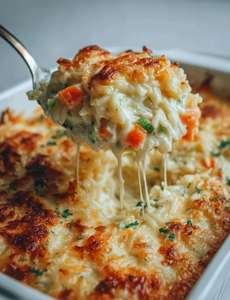 Baked orzo with cheese and mixed vegetables in a serving dish