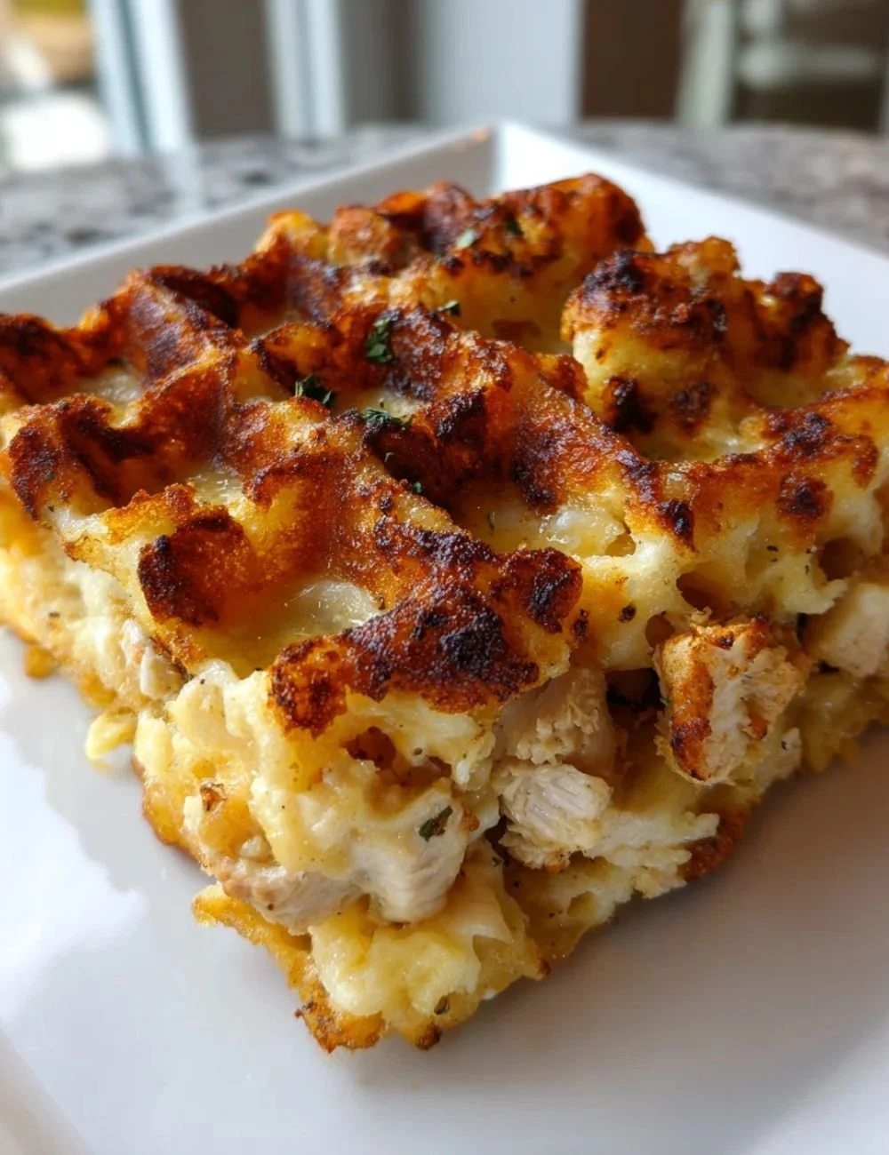 Delicious Chicken and Waffles Casserole served on a plate