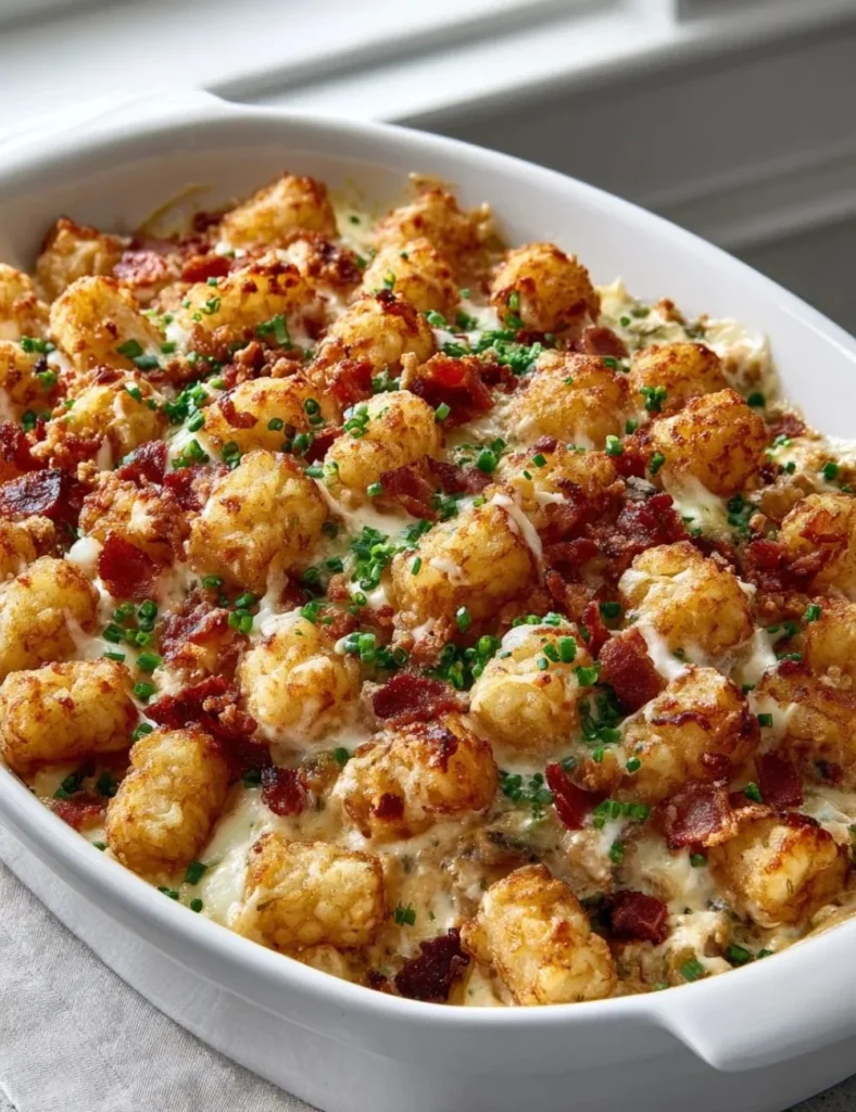 Delicious Chicken Beef Bacon Ranch Tater Tot Casserole ready to serve