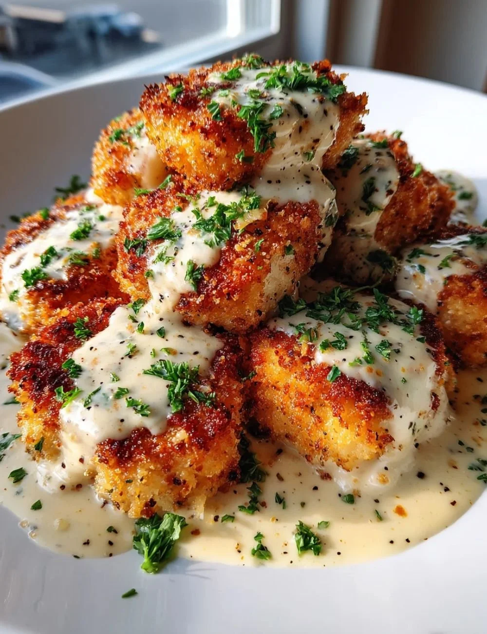 Delicious Chicken Pillows topped with Creamy Parmesan Sauce