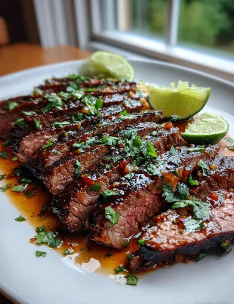 Juicy Chili Lime Flank Steak garnished with fresh cilantro and lime wedges