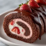 Chocolate Covered Strawberry Swiss Roll Cake with strawberries on top