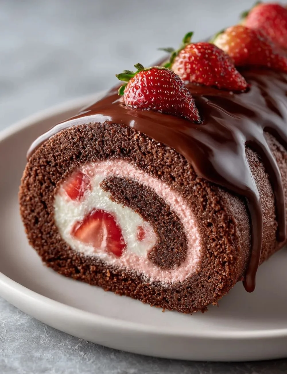 Chocolate Covered Strawberry Swiss Roll Cake with strawberries on top