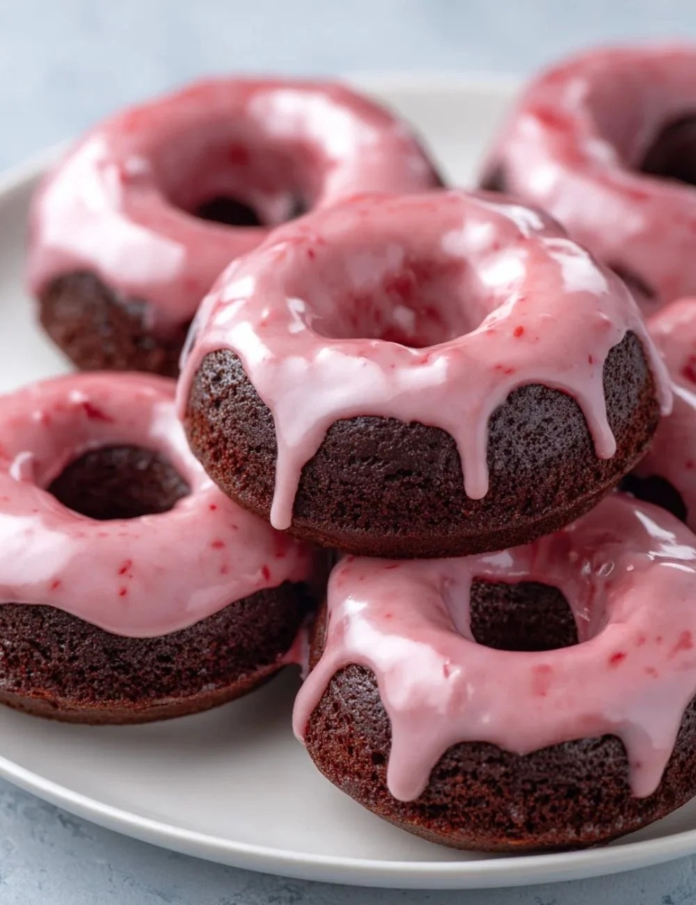 Chocolate donuts with fresh strawberry glaze on a plate