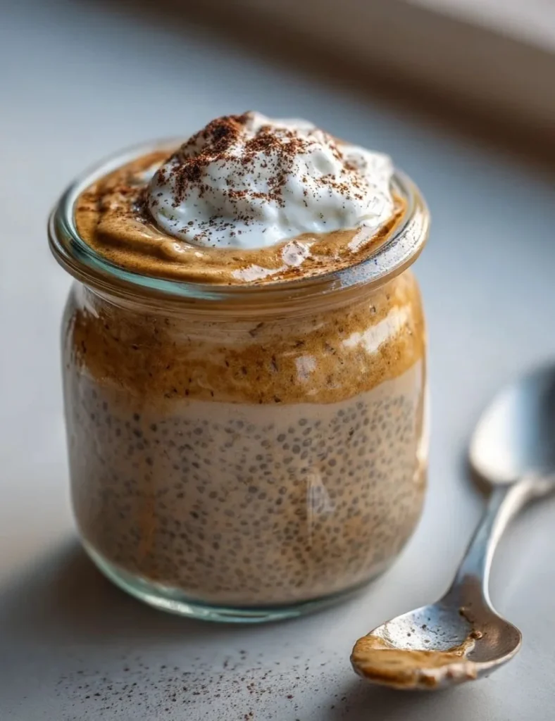 Delicious coffee chia pudding topped with nuts and cocoa powder