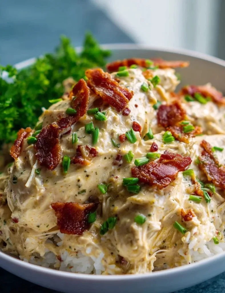 Creamy Crock Pot Crack Chicken served in a bowl with herbs on top