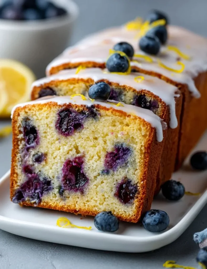 Delicious lemon blueberry pound cake from Costco on a rustic wooden table.