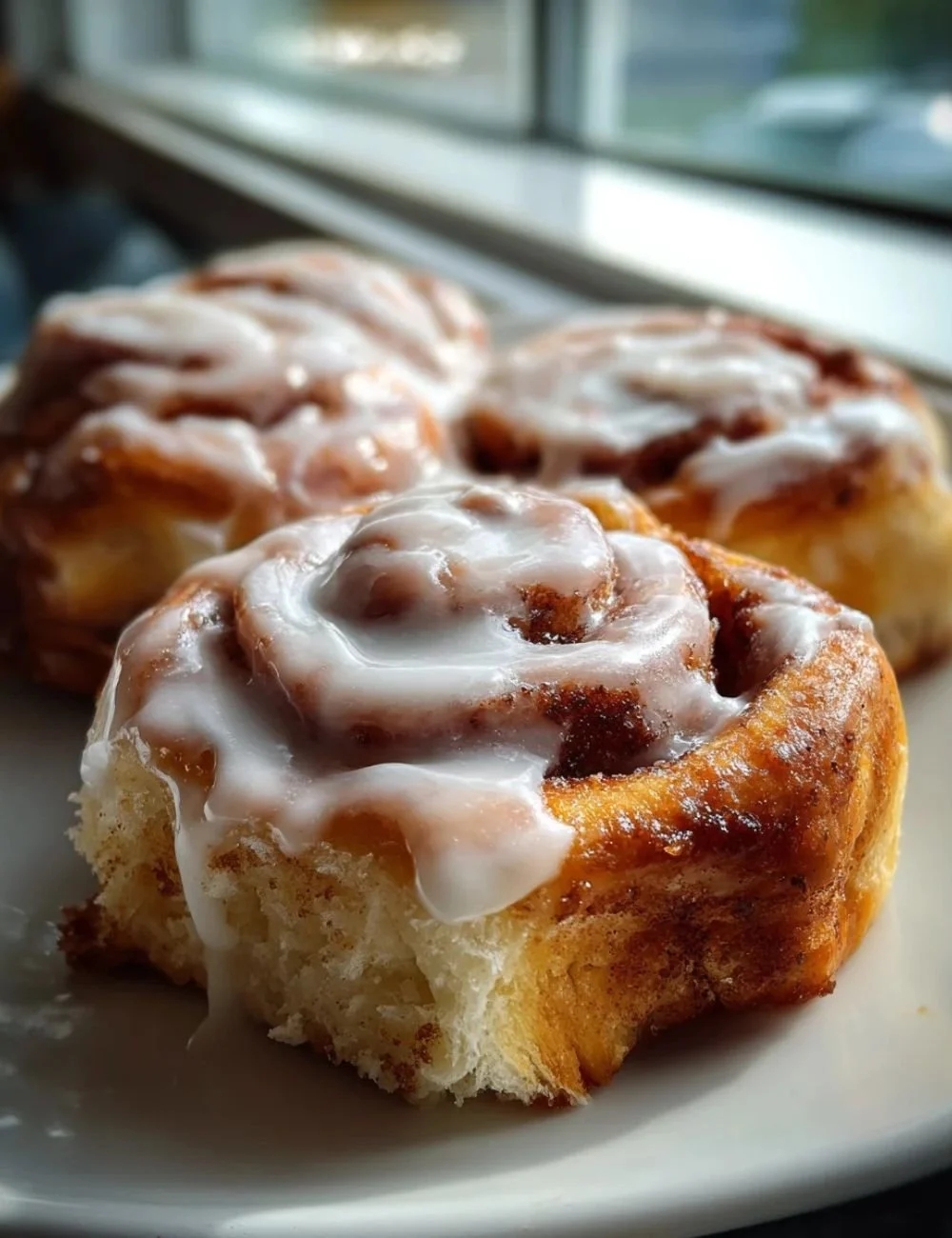 Delicious cottage cheese cinnamon rolls, golden brown and drizzled with icing.