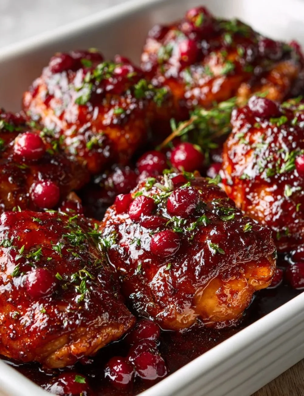Cranberry orange glazed chicken served on a plate with herbs and orange slices