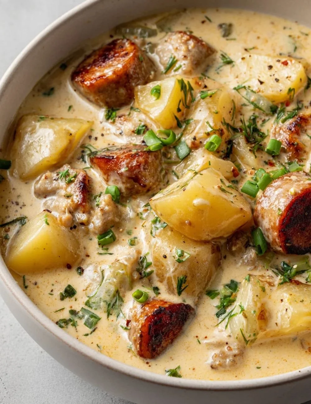 Bowl of creamy beef and potato soup garnished with herbs