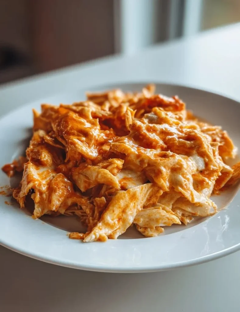 Creamy Buffalo Chicken Casserole with cheese and spices in a baking dish