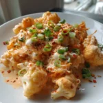 Creamy Buffalo Chicken Cauliflower Casserole topped with cheese and green onions