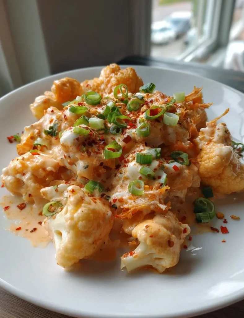 Creamy Buffalo Chicken Cauliflower Casserole topped with cheese and green onions