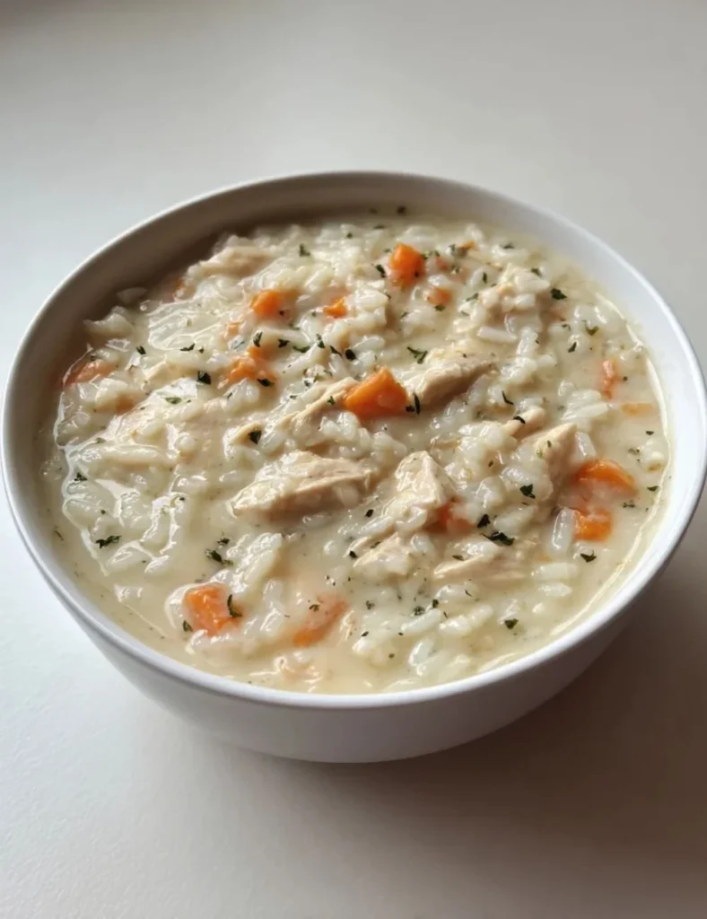 A bowl of creamy chicken and rice soup garnished with herbs and crackers