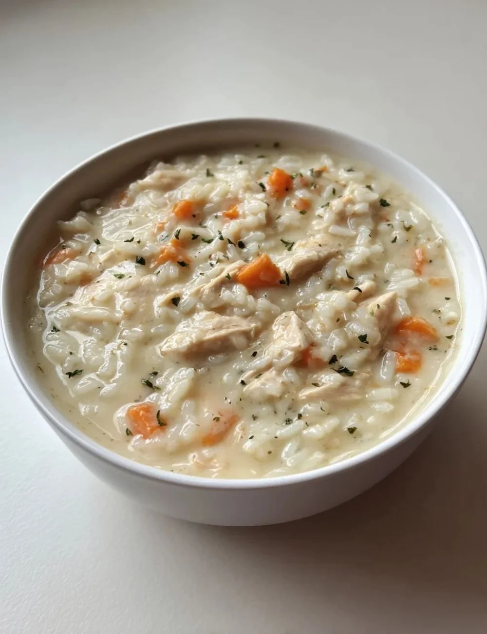 A bowl of creamy chicken and rice soup garnished with herbs and crackers