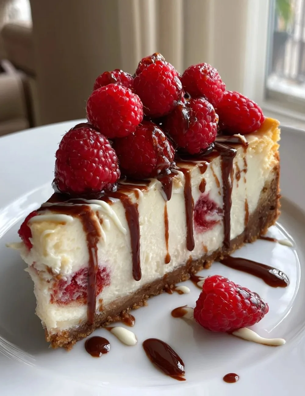 Slice of creamy raspberry cheesecake on a plate with fresh raspberries