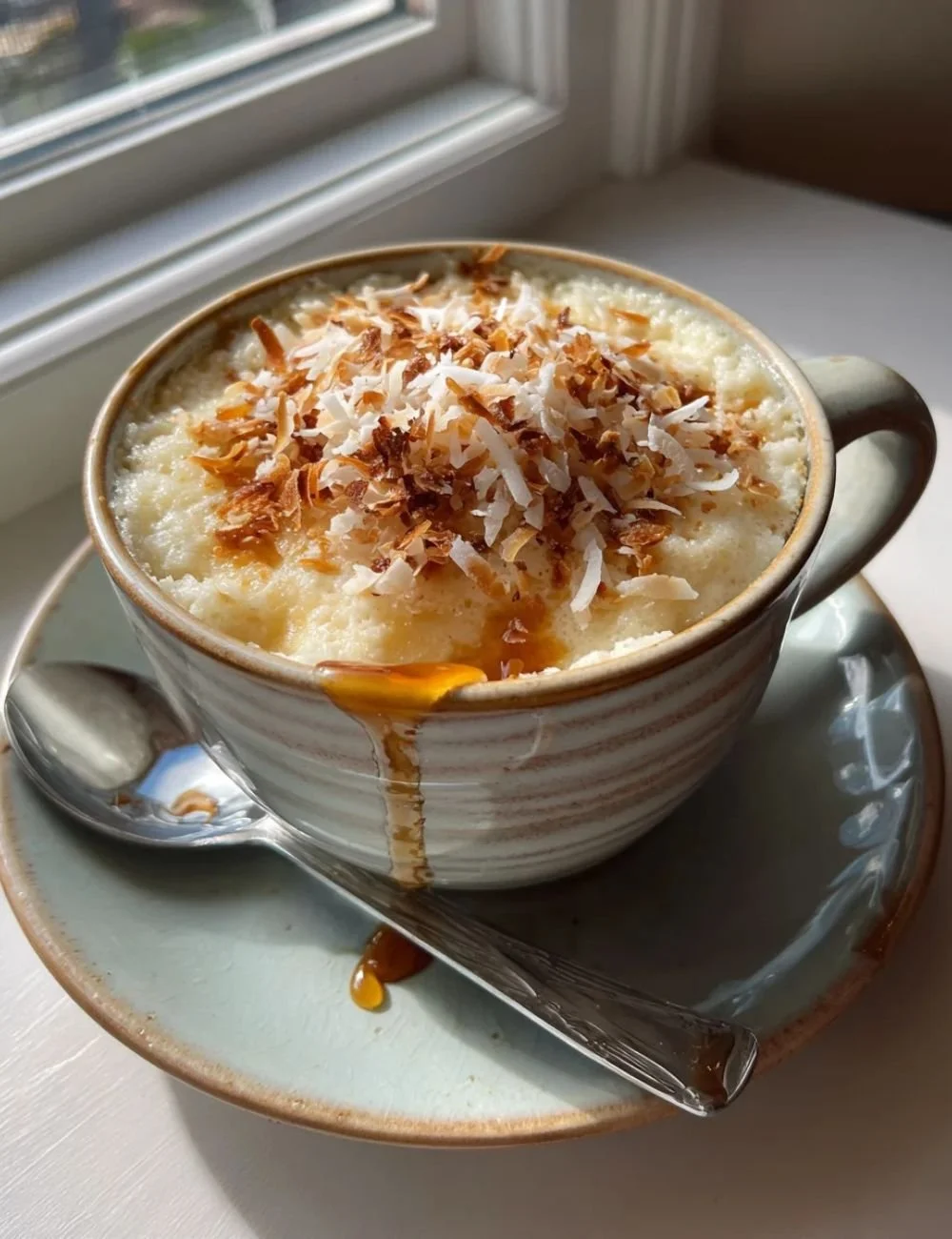 Creamy vanilla coconut mug cake with cottage cheese served in a mug