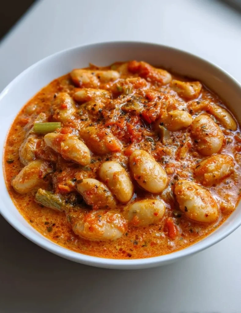 Creamy vegan tomato white bean stew in a bowl with fresh herbs