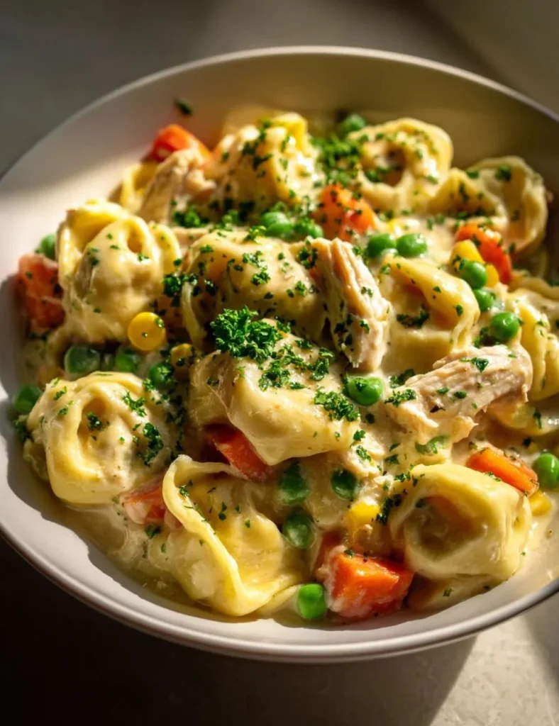 Crockpot Cheddar Chicken Pot Pie Tortellini served in a bowl with herbs
