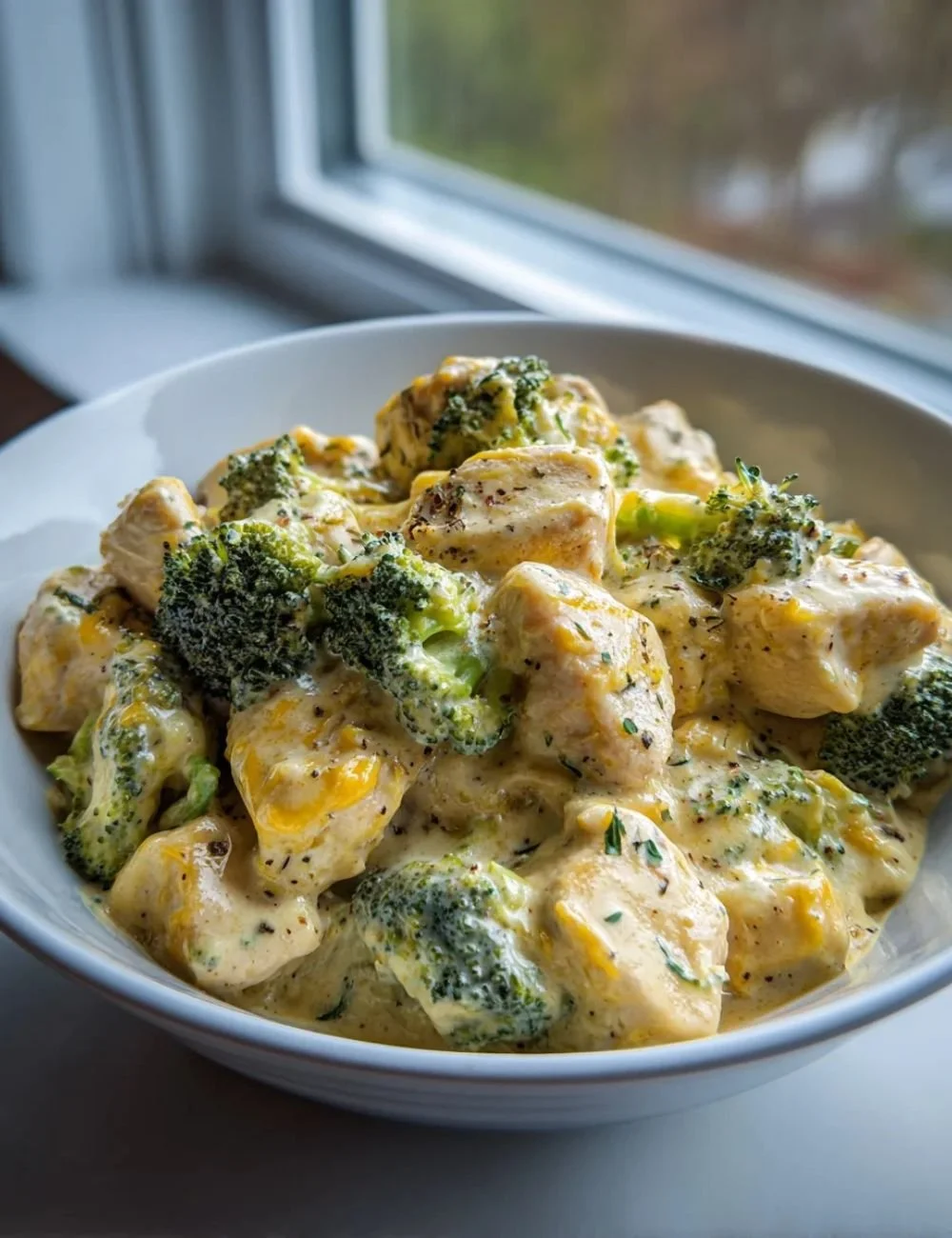 Bowl of creamy broccoli cheddar chicken made in a crockpot