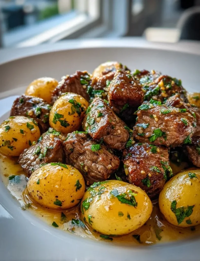 Crockpot garlic butter beef bites served with potatoes in a rustic bowl.