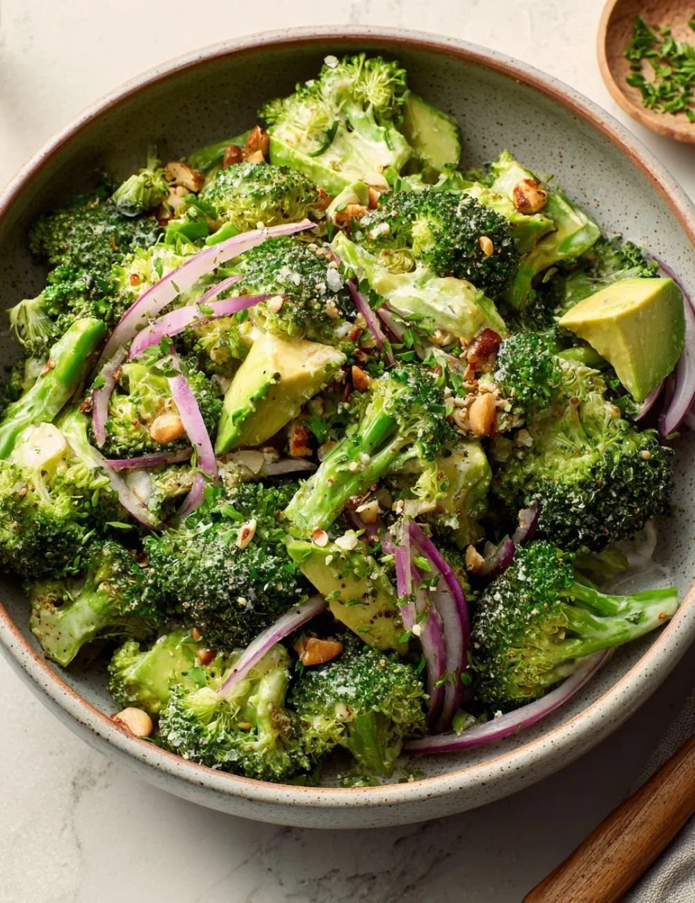 Healthy Cucumber Avocado Broccoli Salad with fresh vegetables