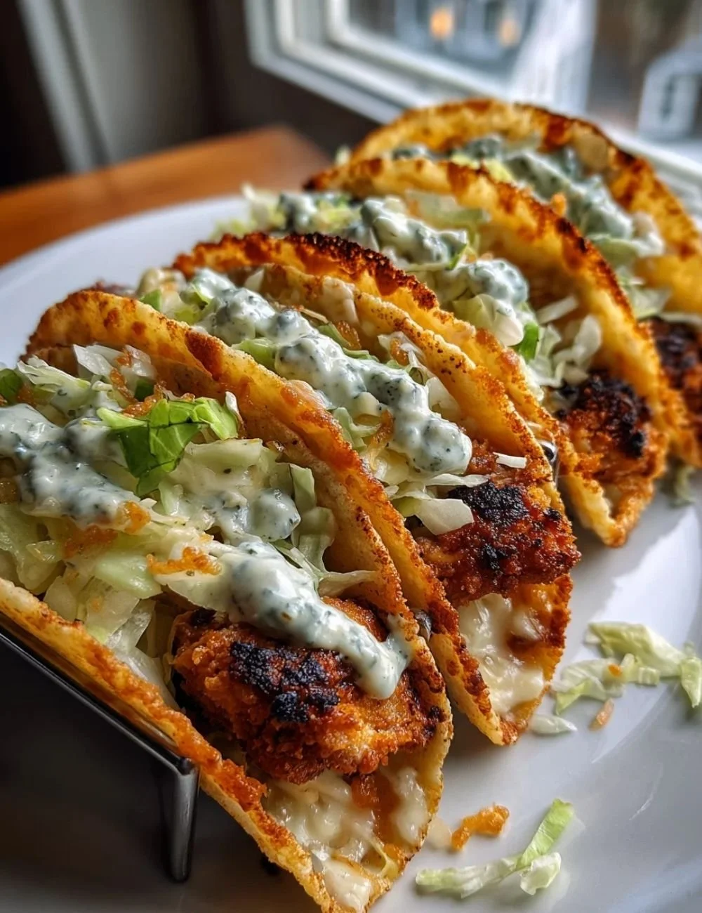Dill Pickle Ranch Smash Chicken Tacos with fresh ingredients on a plate