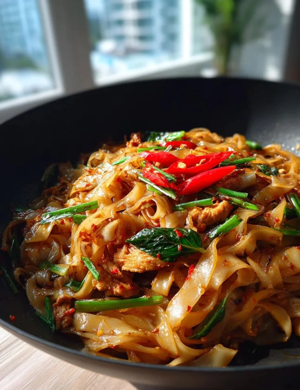 Delicious plate of drunken noodles with vibrant vegetables and rich sauce