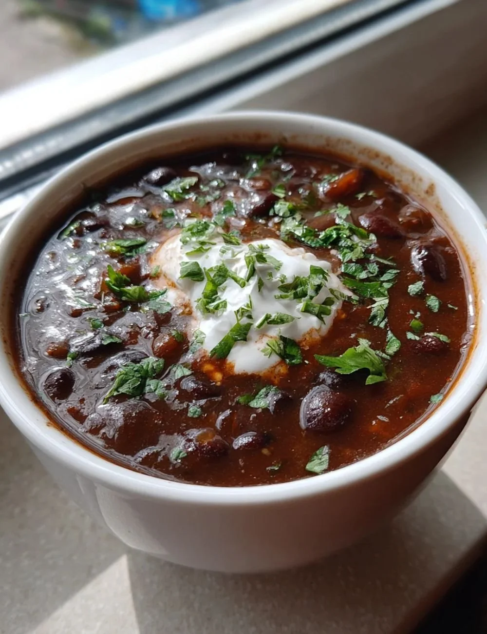 Bowl of easy black bean soup garnished with cilantro and lime.