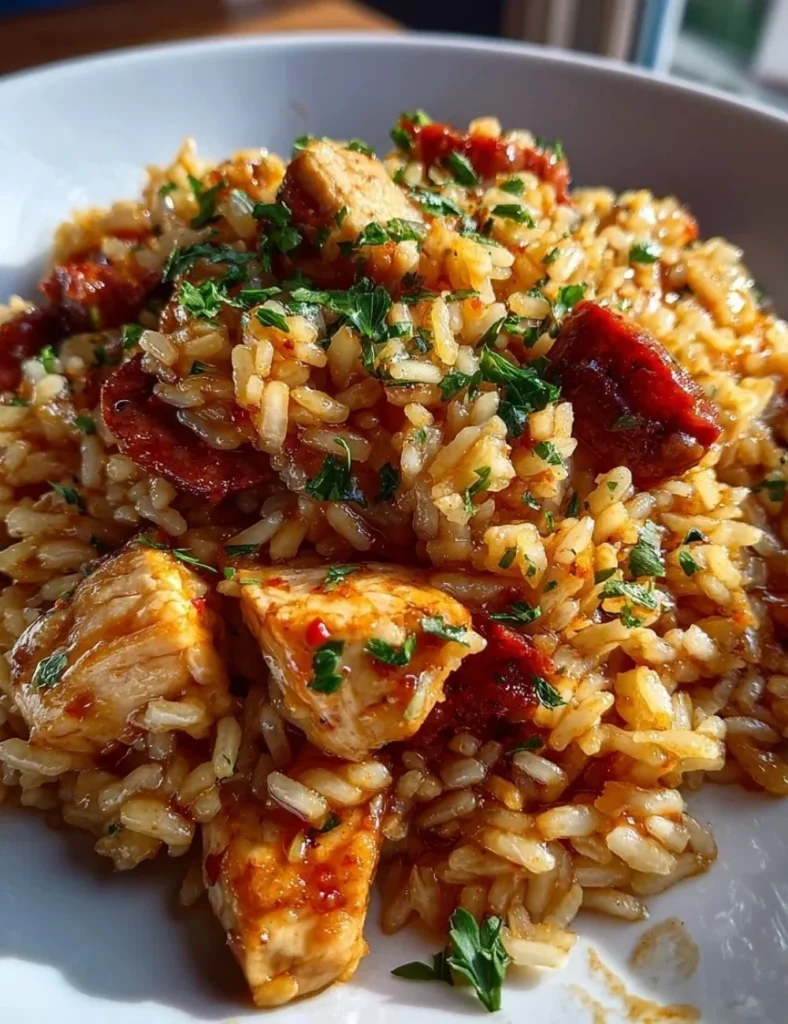 Delicious plate of easy jambalaya with rice, shrimp, sausage, and spices