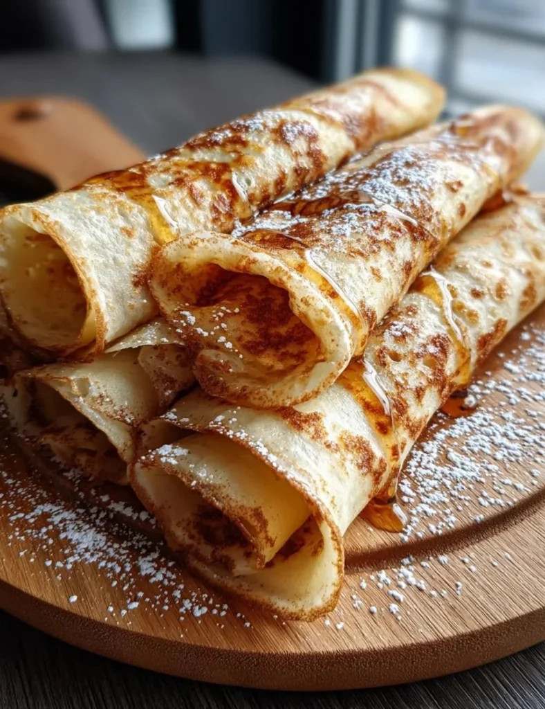 Fluffy high protein cinnamon crepes stacked on a plate with toppings