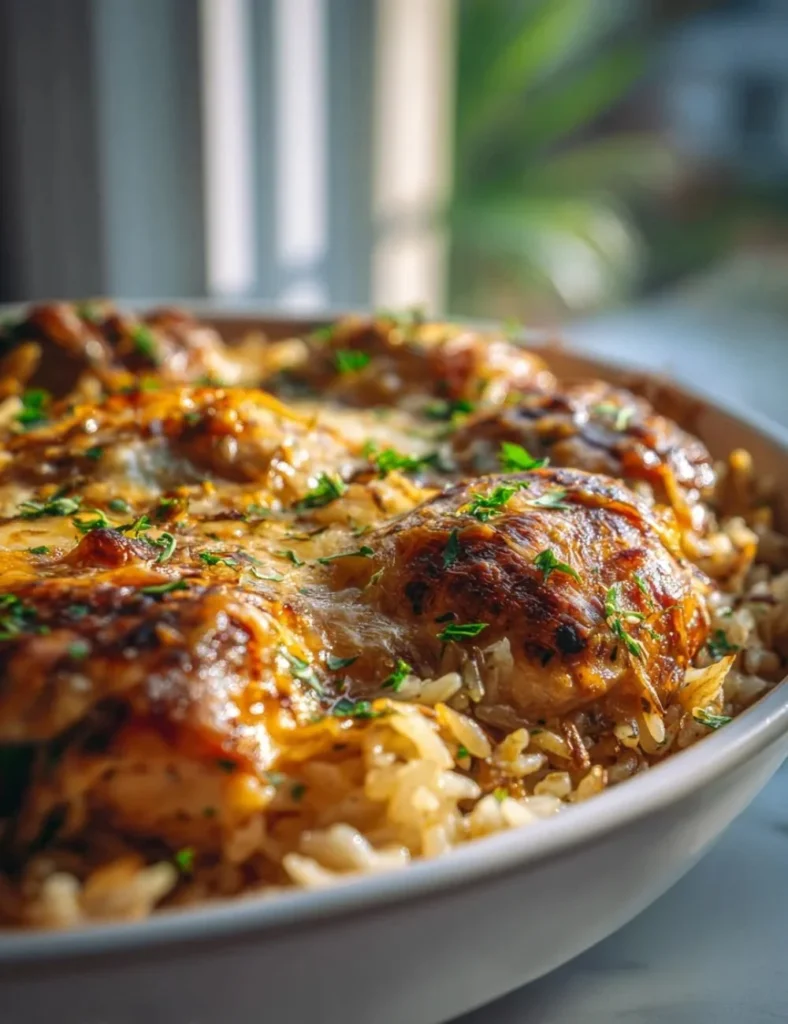 Delicious French onion chicken rice bake topped with melted cheese.
