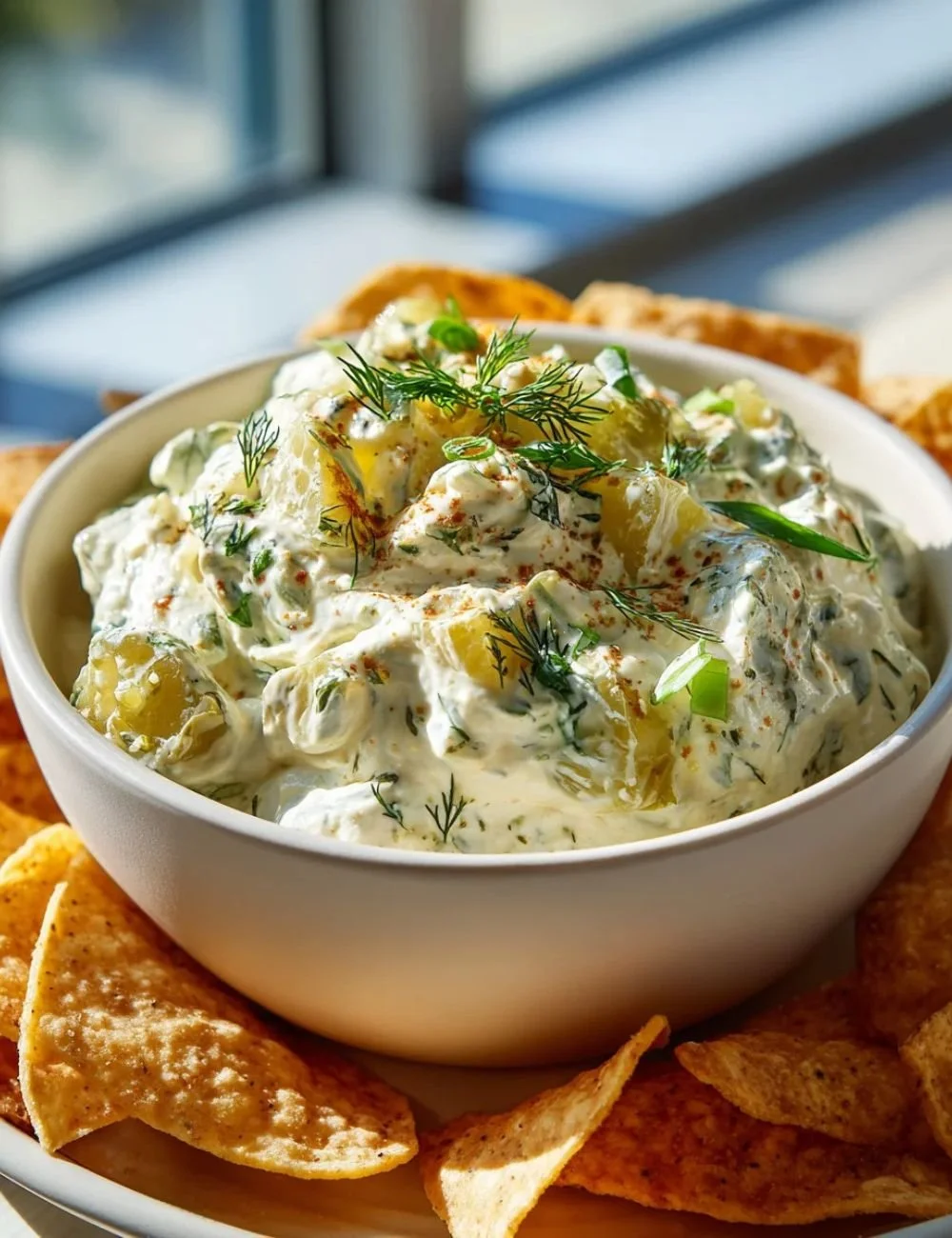 Bowl of delicious Fried Pickle Dip with crispy pickle slices and crackers