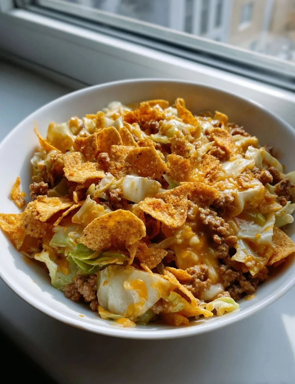 Frito Cowboy Cabbage dish served in a bowl with Fritos on top
