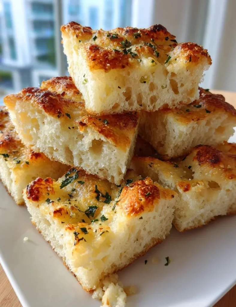 Homemade Garlic Parmesan Focaccia bread with herbs and cheese on top