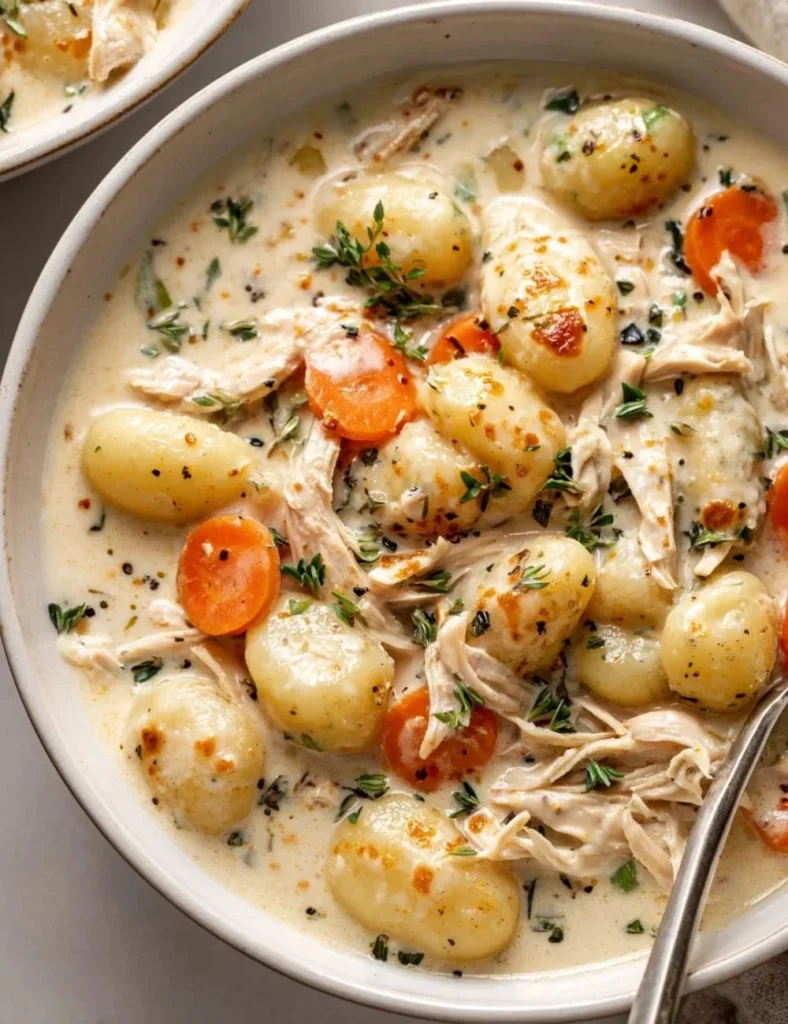 A bowl of gnocchi chicken soup with vegetables and tender chicken pieces.