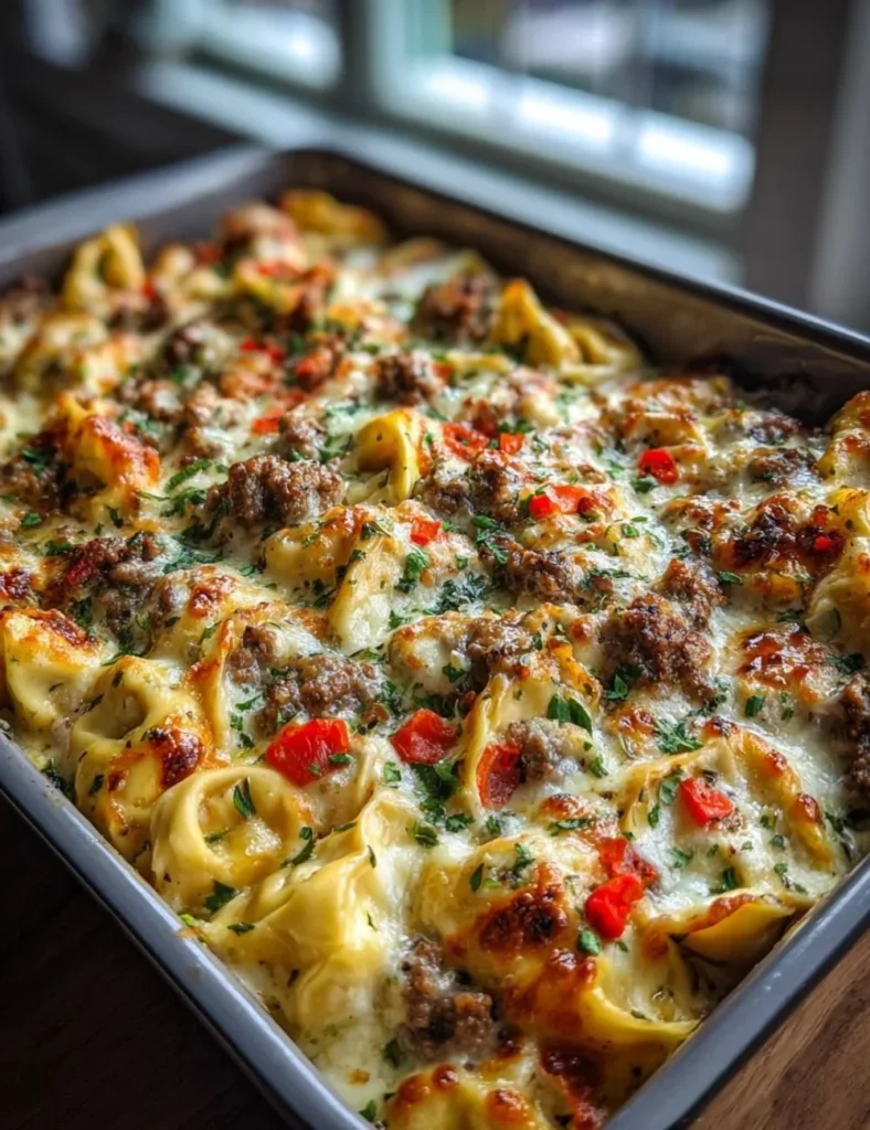 Golden Cheese Steak Tortellini Casserole topped with melted cheese