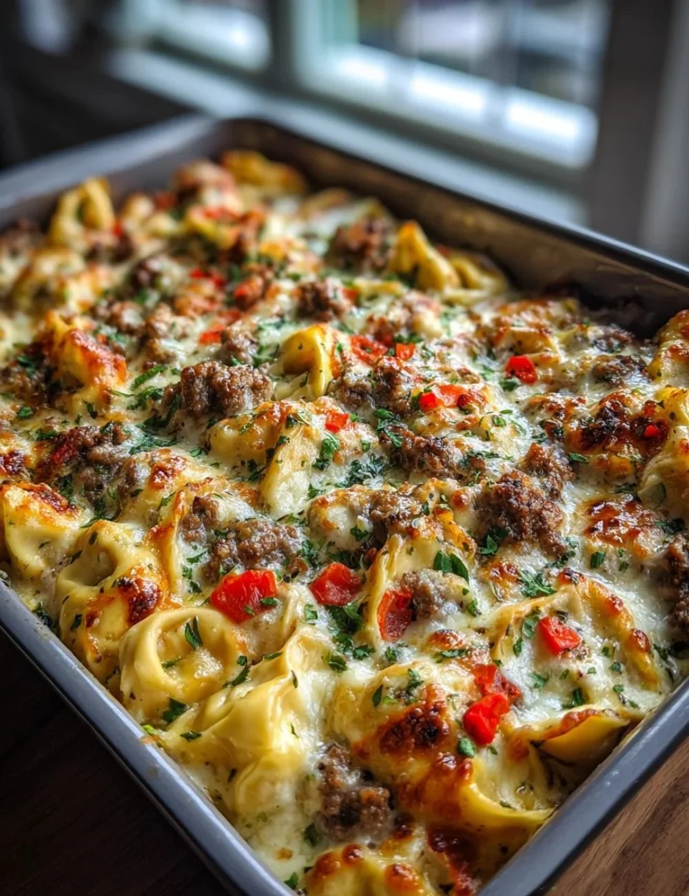 Golden Cheese Steak Tortellini Casserole topped with melted cheese