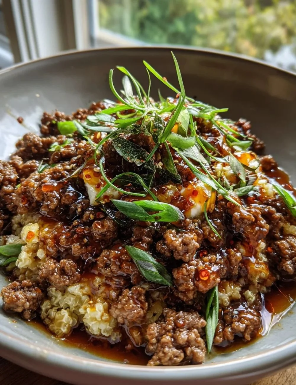 Delicious Ground Beef Hot Honey Bowl served with colorful vegetables and honey drizzle