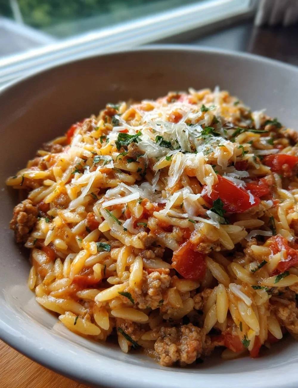 Delicious ground turkey orzo dish served in a bowl, garnished with herbs.