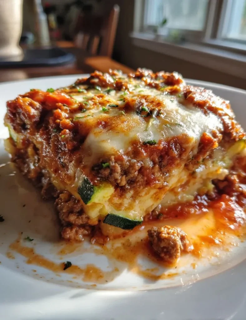 Ground turkey zucchini casserole topped with cheese in a baking dish