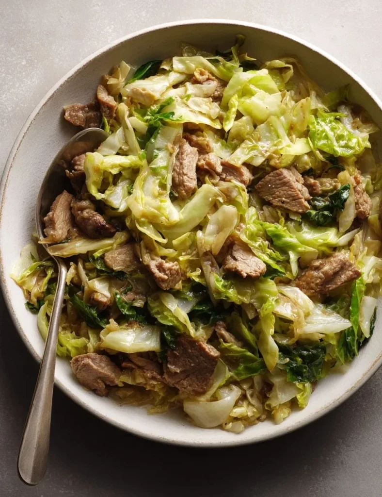 Healthy Ground Beef Cabbage Skillet in a frying pan with vegetables