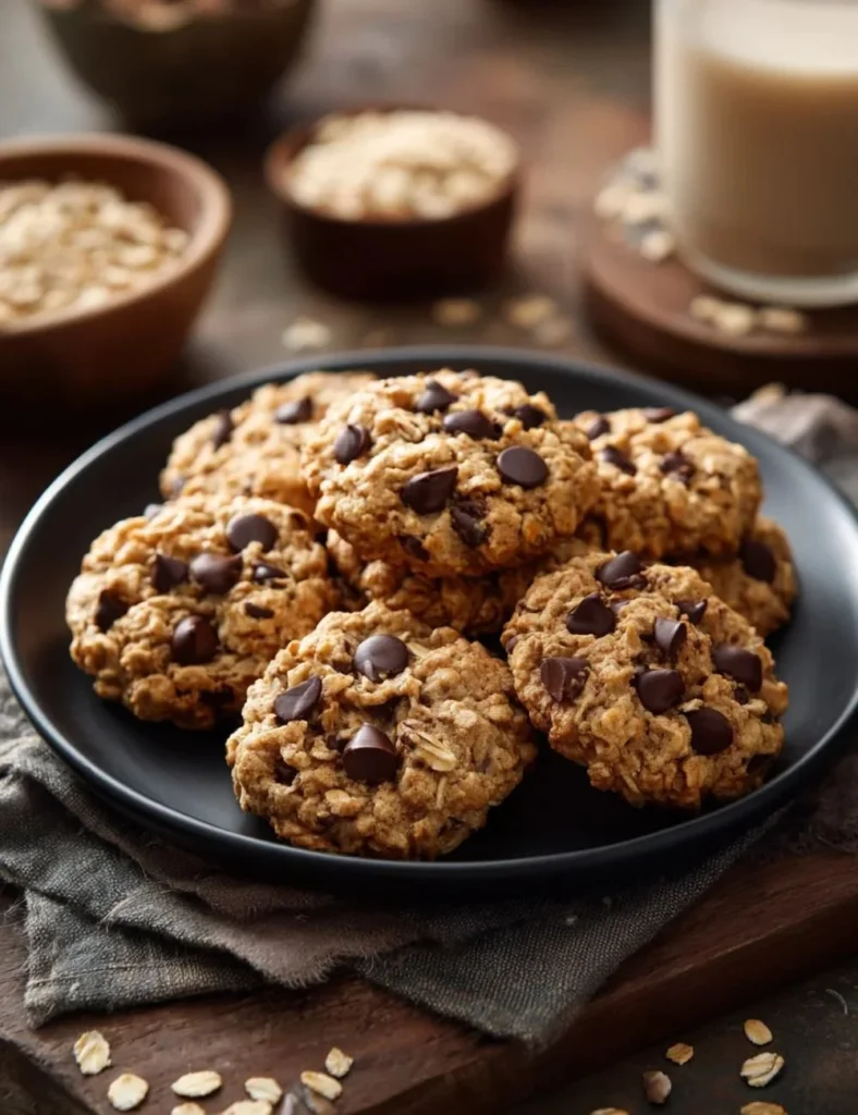 Healthy oatmeal protein cookies on a rustic wooden table.