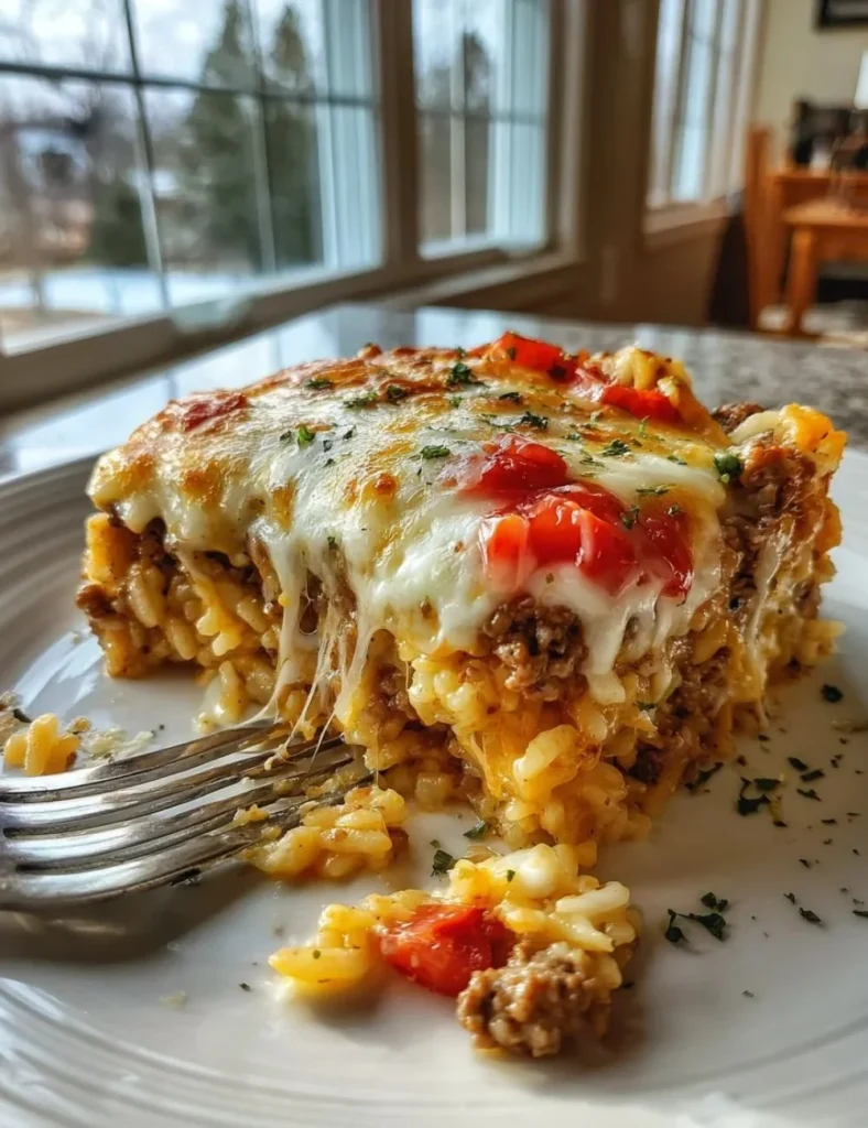 Hearty baked shipwreck casserole topped with cheese and vegetables in a baking dish.