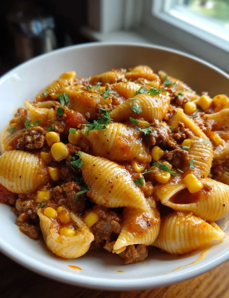 Hearty Crockpot Taco Pasta served in a bowl with toppings