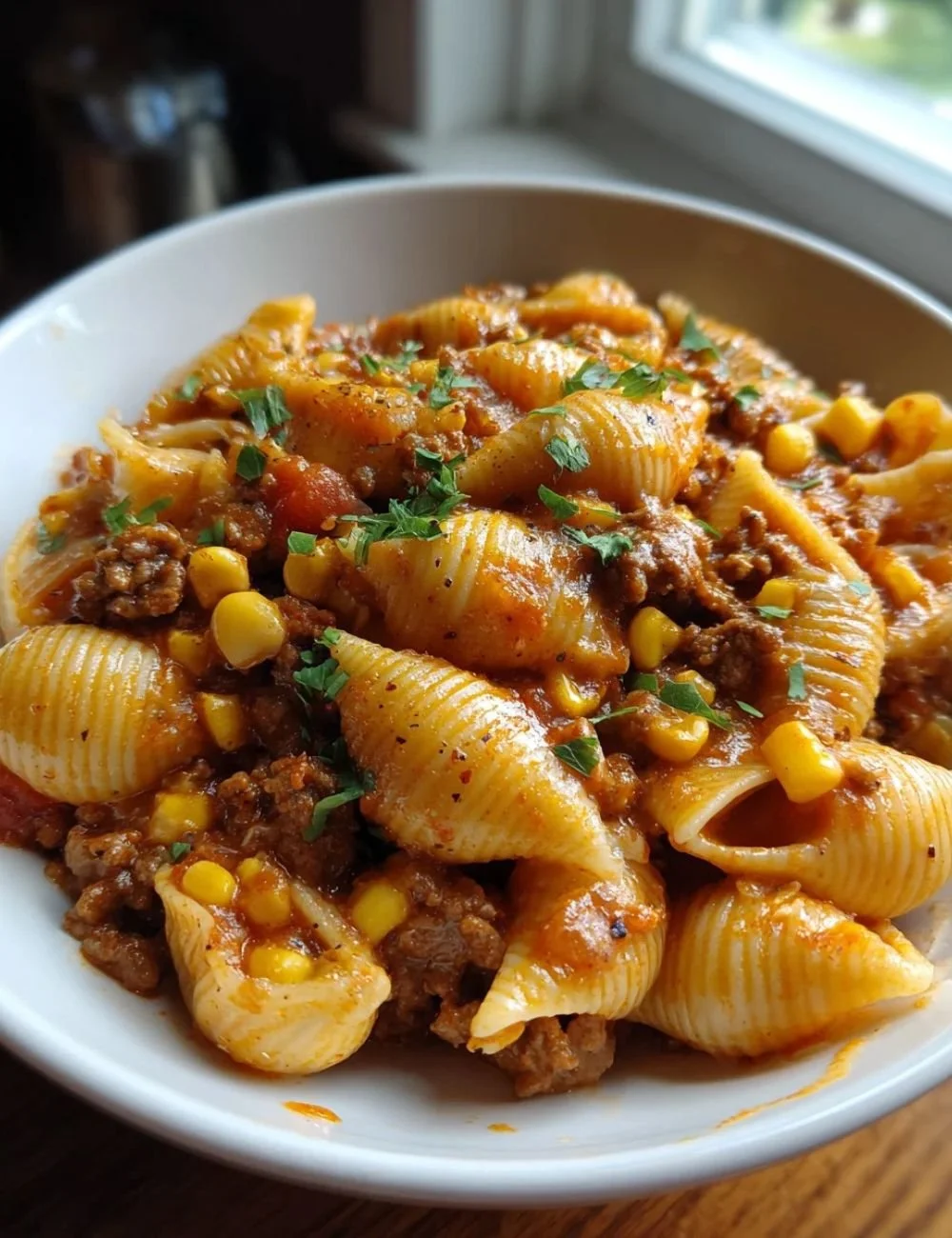 Hearty Crockpot Taco Pasta served in a bowl with toppings
