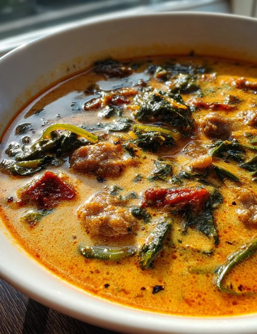 Bowl of hearty Keto Soup with fresh vegetables and herbs