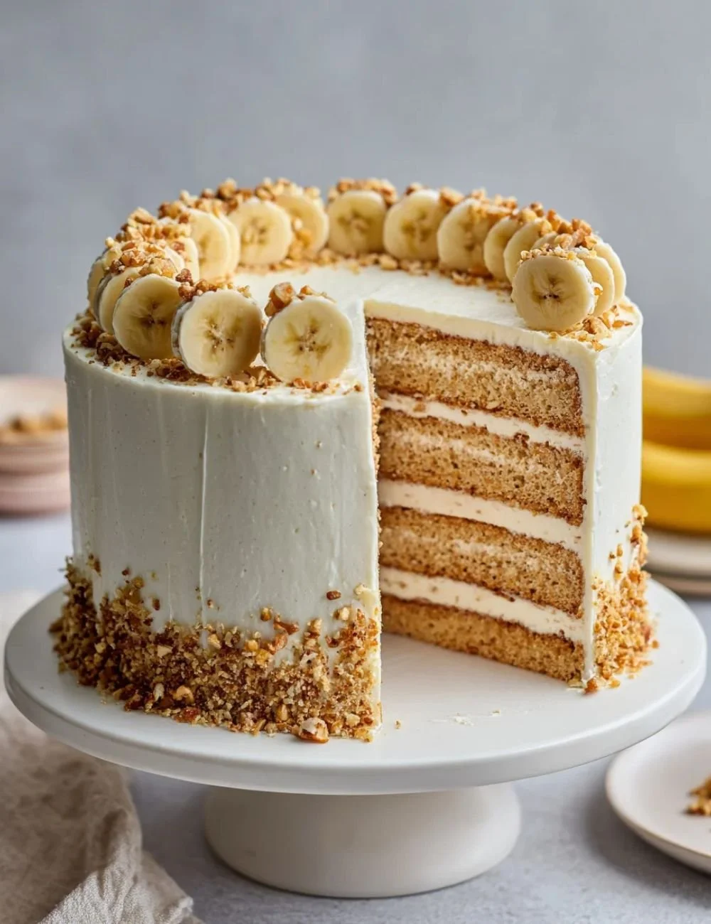Slice of Heavenly Banana Walnut Cream Cake with walnuts on top