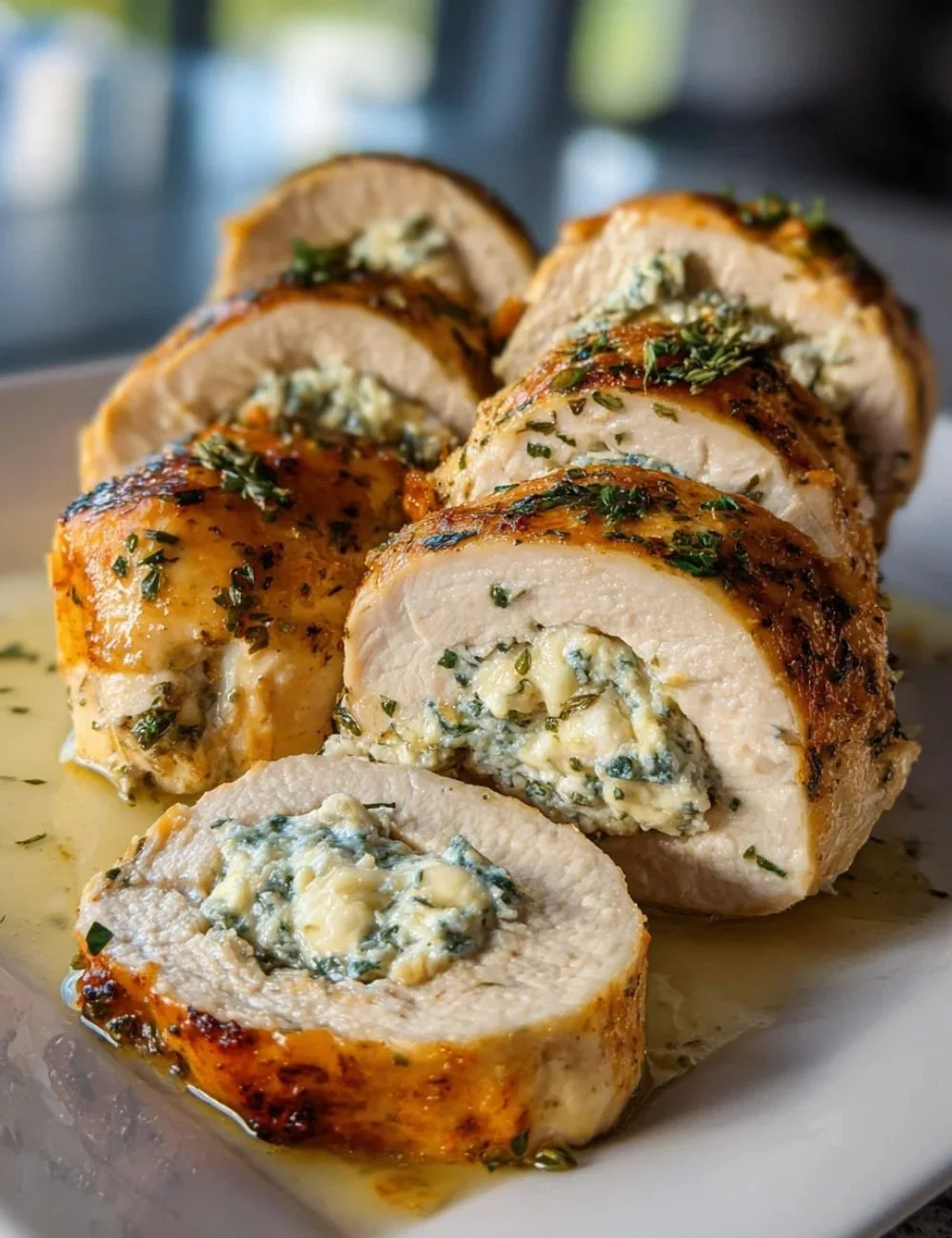 Herbed Ricotta Stuffed Chicken Rolls ready to serve on a plate